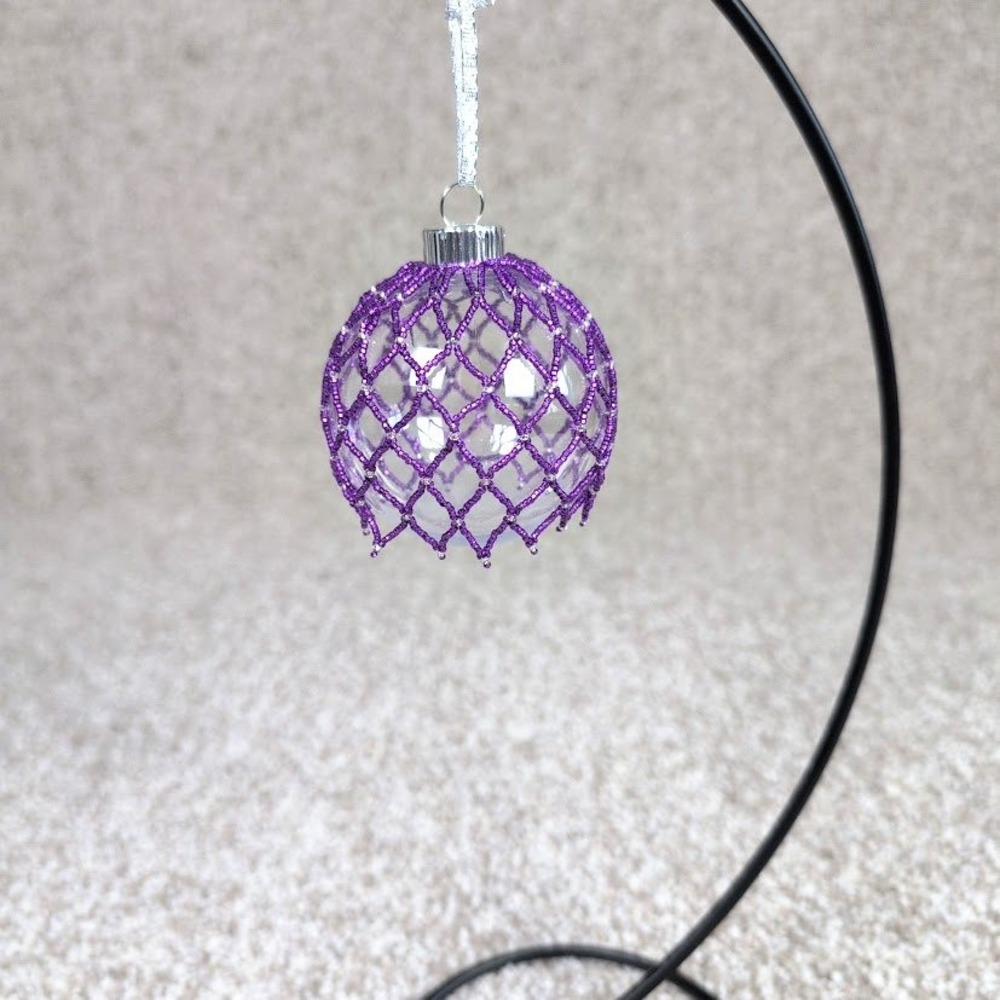 Purple Beaded Christmas‎ Ornament with Silver Ribbon Plastic Ball Holiday